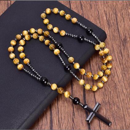 Tiger's Eye Onyx Beaded Hematite Cross Necklace - LOX VAULT