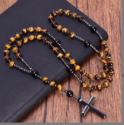 Tiger's Eye Onyx Beaded Hematite Cross Necklace - LOX VAULT