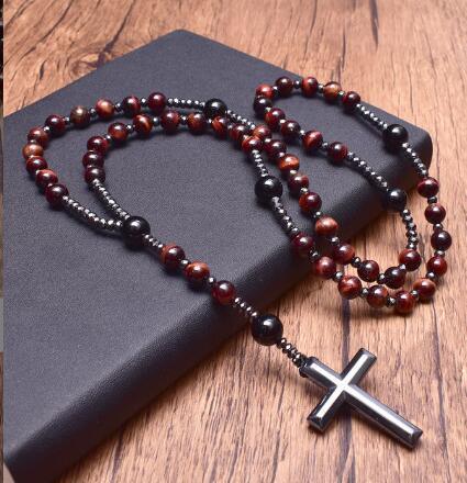 Tiger's Eye Onyx Beaded Hematite Cross Necklace - LOX VAULT