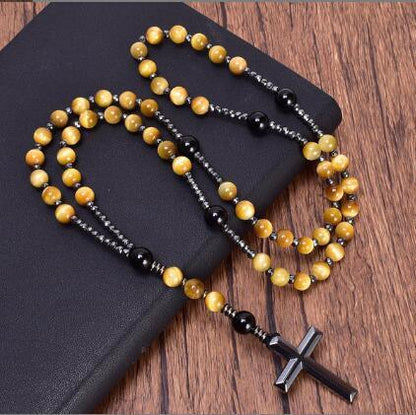 Tiger's Eye Onyx Beaded Hematite Cross Necklace - LOX VAULT